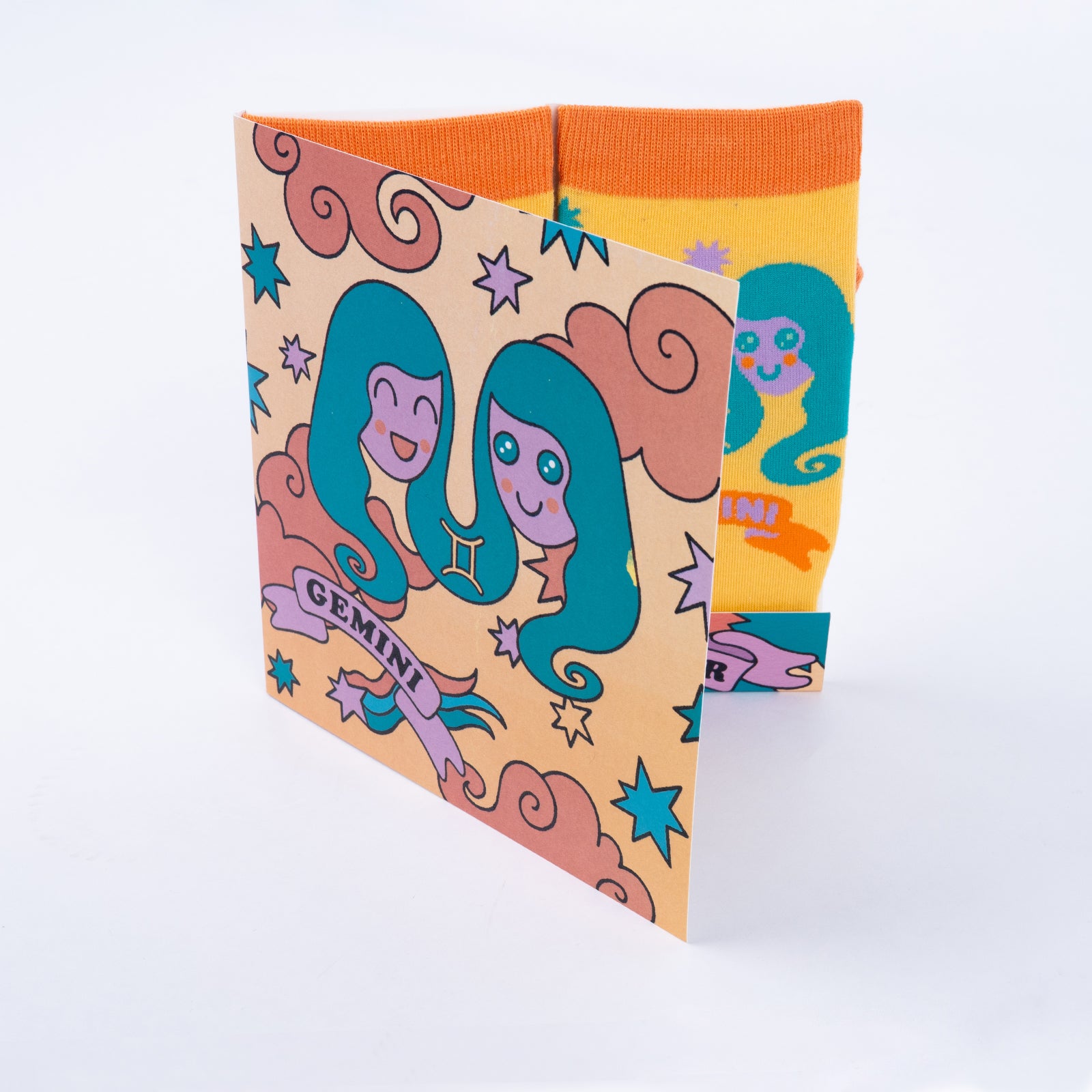Gemini greeting card open showing socks inside