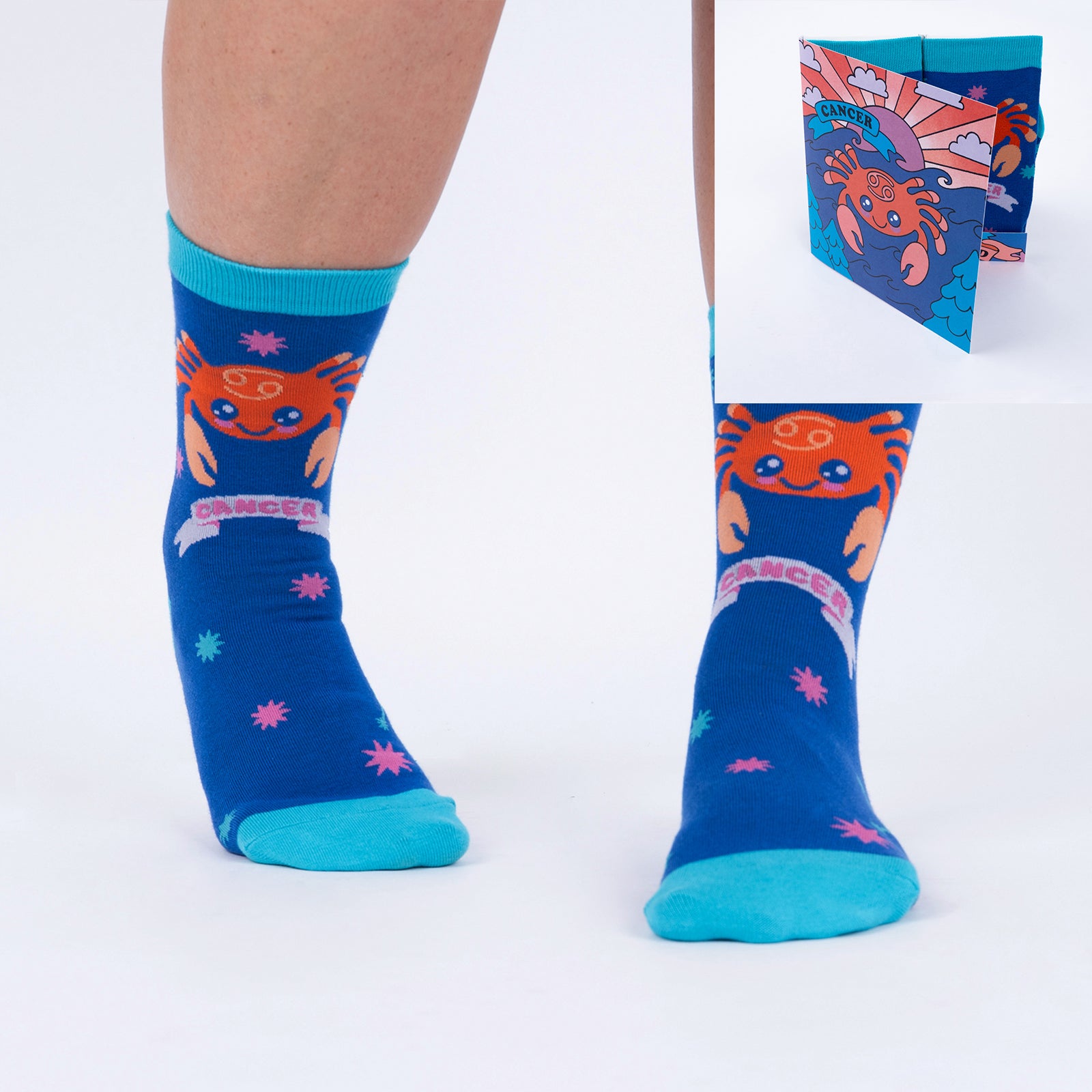 model wearing Cancer crew socks with inset image of Cancer greeting card in corner
