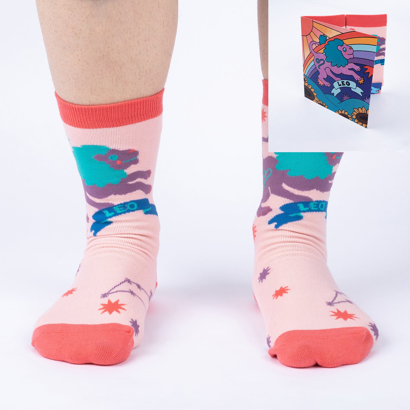 model wearing Leo crew socks with inset image of Leo greeting card in corner
