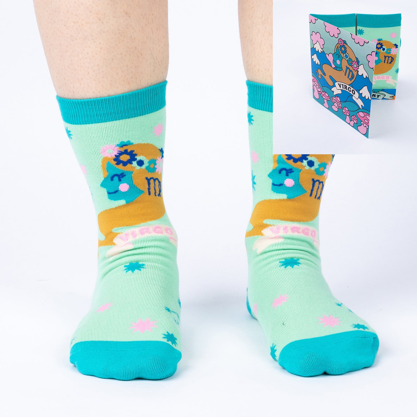model wearing Virgo crew socks with inset image of Virgo greeting card in corner