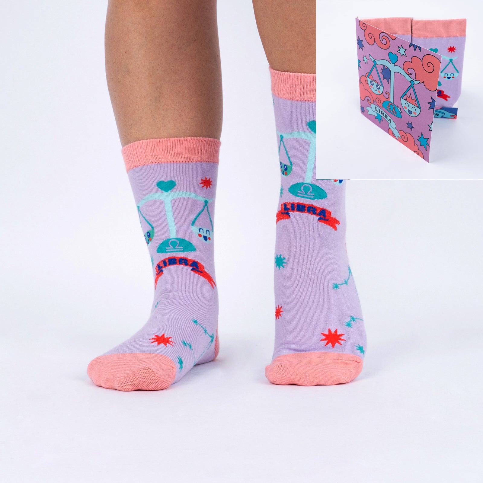 model wearing Libra crew socks with inset image of Libra greeting card in corner