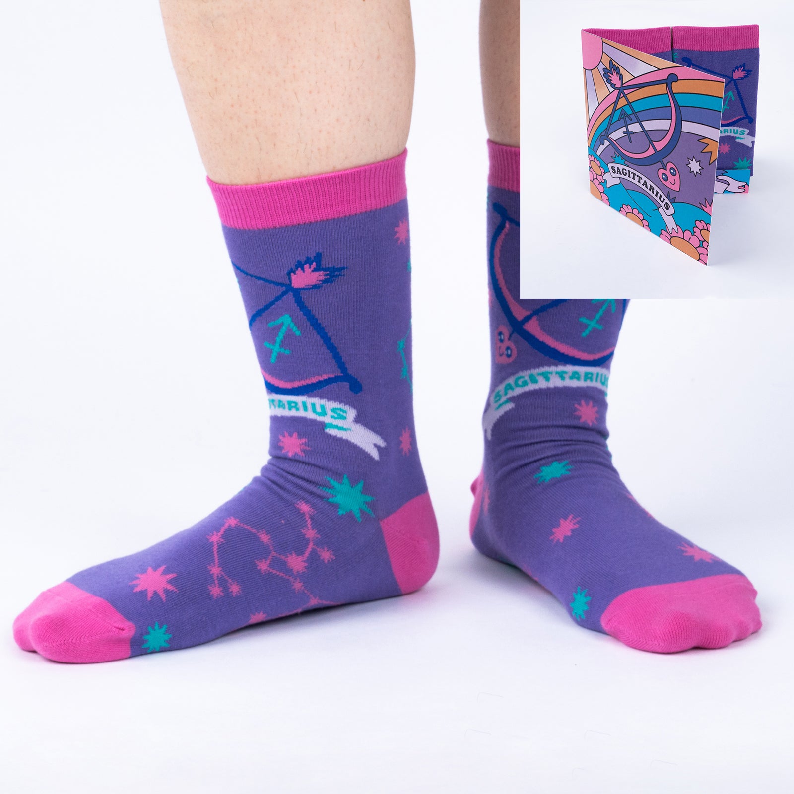 model wearing Sagittarius crew socks with inset image of Sagittarius greeting card in corner