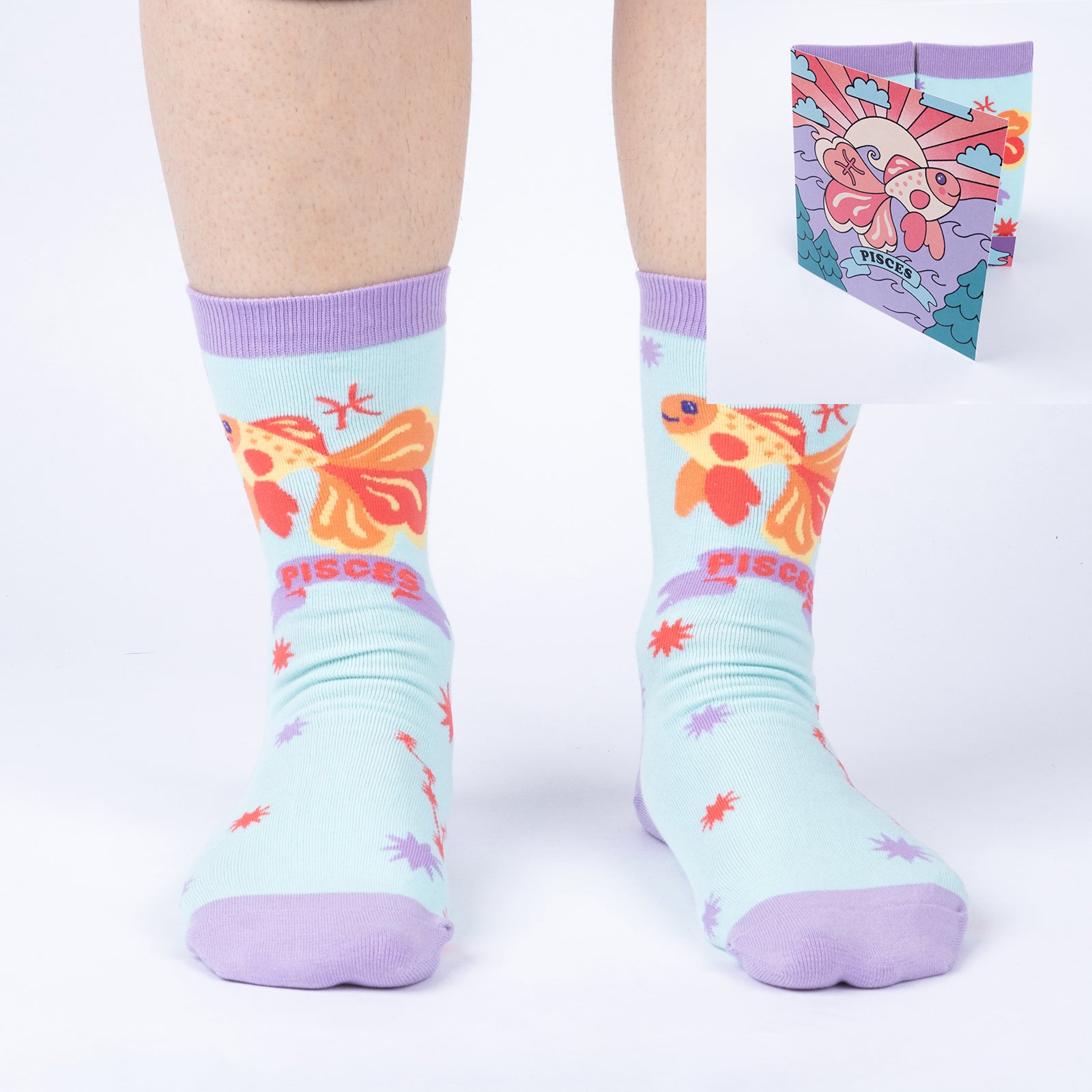 model wearing Pisces crew socks with inset image of Pisces greeting card in corner