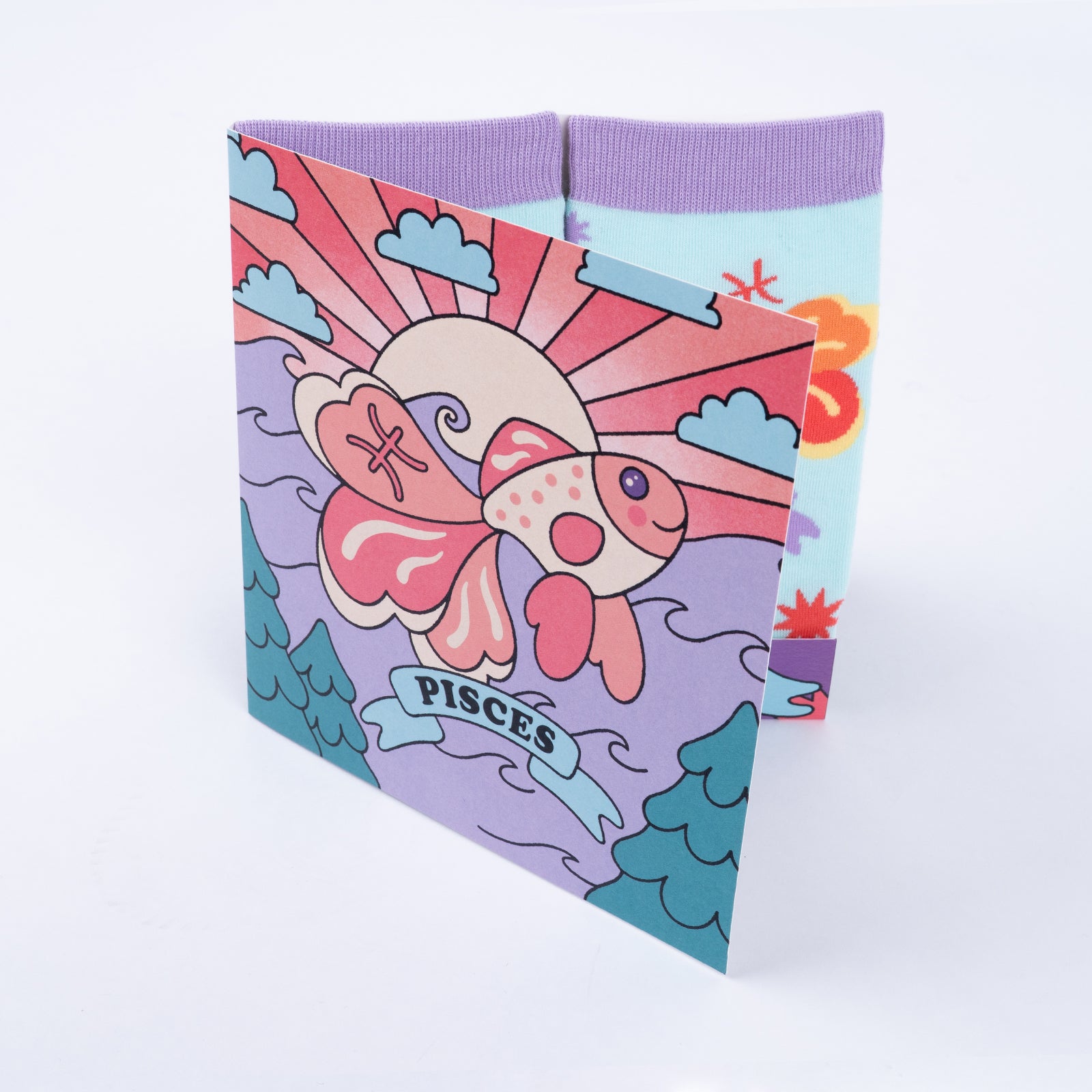 Pisces greeting card open showing socks inside